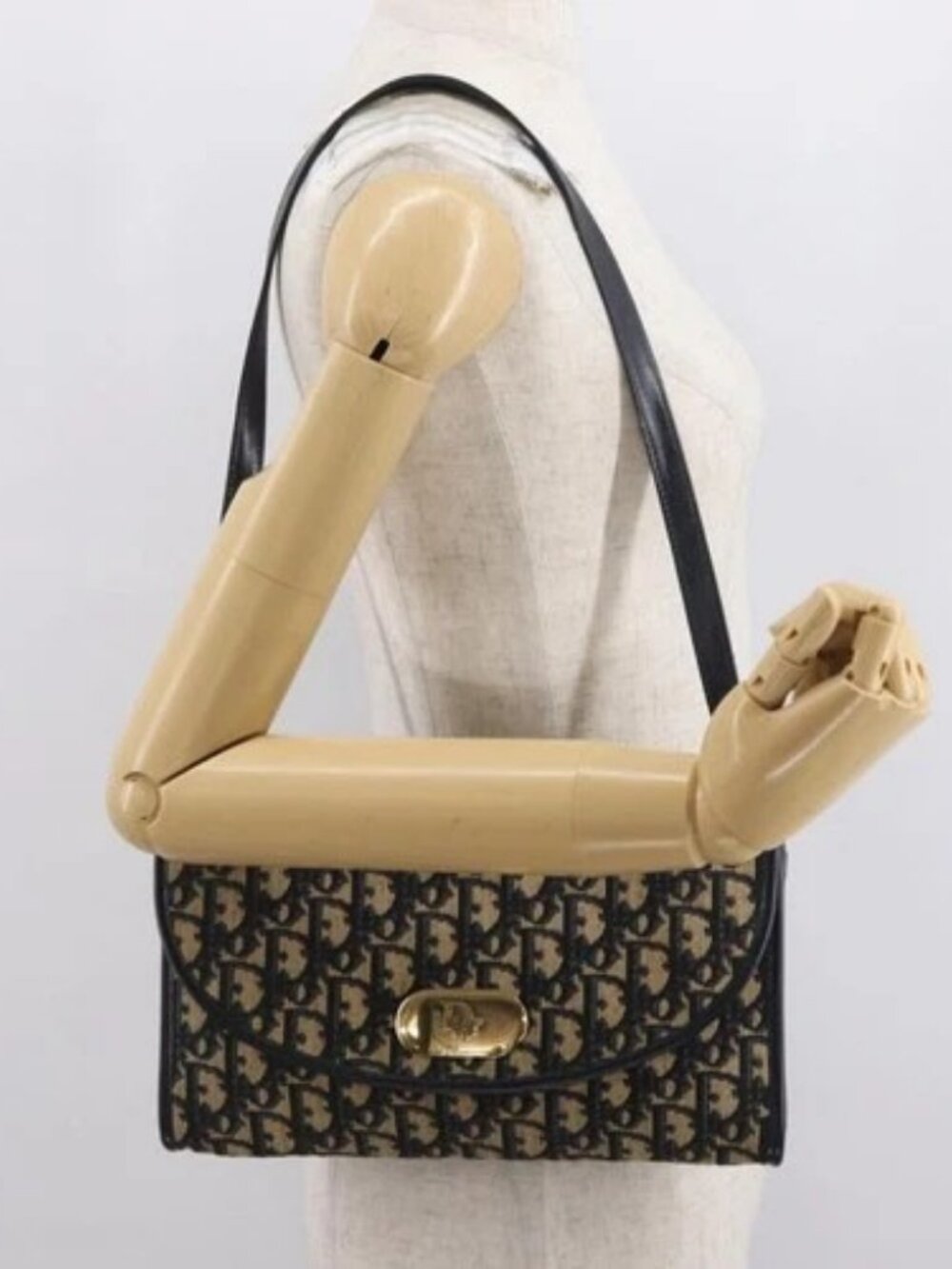 Christian Dior Trotter Canvas Shoulder Bag Navy Gold Auth BA10087 - Picture 15 of 16